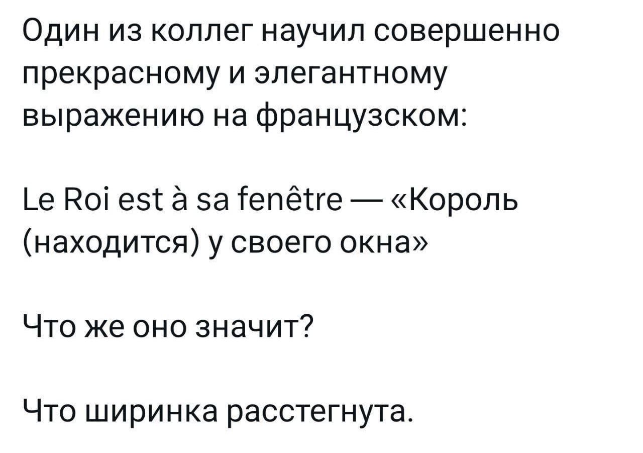 Один из коллег научил совершенно прекрасному и элегантному выражению на французском:

Le Roi est à sa fenêtre — «Король (находится) у своего окна»

Что же оно значит?

Что ширинка расстегнута.