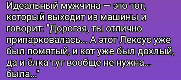 Идеальный мужчина — это тот, который выходит из машины и говорит: 