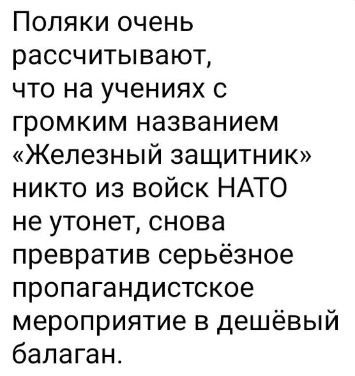 Поляки очень рассчитывают, что на учениях с громким названием «Железный защитник» никто из войск НАТО не утонет, снова превратив серьёзное пропагандистское мероприятие в дешёвый балаган.