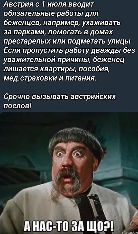 Австрия с 1 июля вводит обязательные работы для беженцев, например, убирать за парками, помогать в домах престарелых или подметать улицы Если пропустить работу дважды без уважительной причины, бенец лишается квартиры, пособия, мед.страховки и питания. Срочно вызывать австрийских послов! А НАС-ТО ЗА ЩО?!