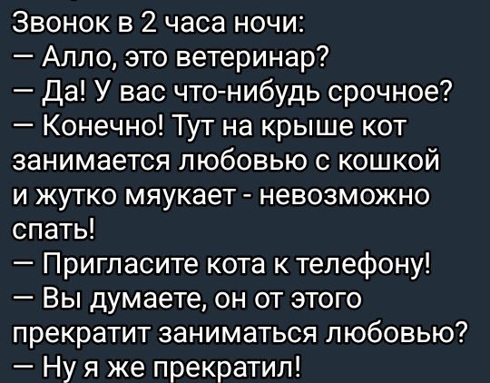 Звонок в 2 часа ночи:
— Алло, это ветеринар?
— Да! У вас что-нибудь срочное?
— Конечно! Тут на крыше кот занимается любовью с кошкой и жутко мяукает - невозможно спать!
— Пригласите кота к телефону!
— Вы думаете, он от этого прекратит заниматься любовью?
— Ну я ж не прекратил!