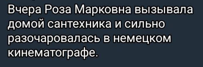 Вчера Роза Марковна вызывала домой сантехника и сильно разочаровалась в немецком кинематографе.