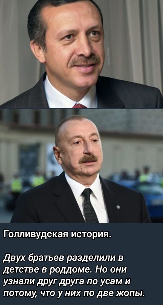 Голливудская история.
Двух братьев разделили в детстве в роддоме. Но они узнали друг друга по усам и потому, что у них по две жопы.