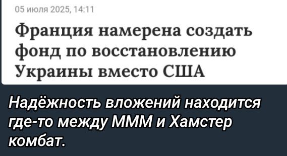 Франция намерена создать фонд по восстановлению Украины вместо США
Надёжность вложений находится где-то между MMM и Хамстер комбат.
