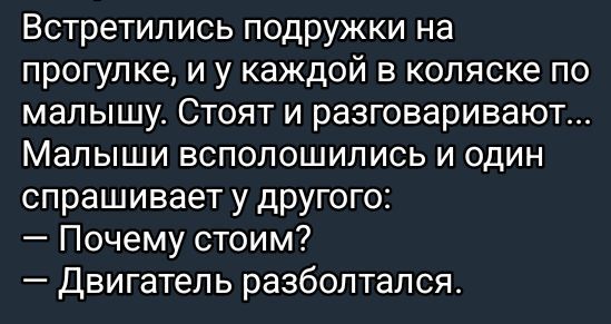 Встретились подружки на прогулке, и у каждой в коляске по малышу. Стоят и разговаривают... Малыши всполошились и один спрашивает у другого: — Почему стоим? — Двигатель разбболтался.