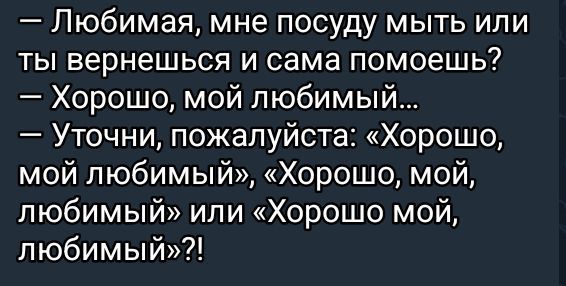 — Любимая, мне посуду мыть или ты вернёшься и сама поможешь?
— Хорошо, мой любимый...
— Уточни, пожалуйста: «Хорошо, мой любимый», «Хорошо, мой, любимый» или «Хорошо мой, любимый»?!
