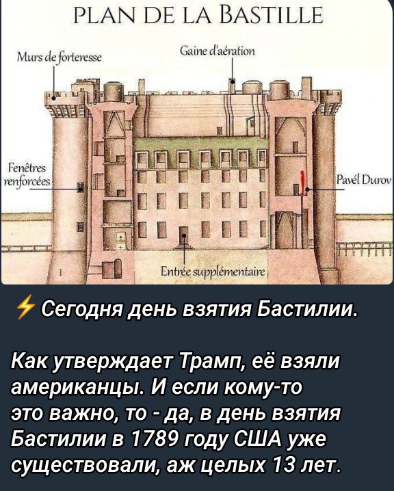 ⚡ Сегодня день взятия Бастилии.

Как утверждает Трамп, её взяли американцы. И если кому-то это важно, то - да, в день взятия Бастилии в 1789 году США уже существовали, аж целых 13 лет.