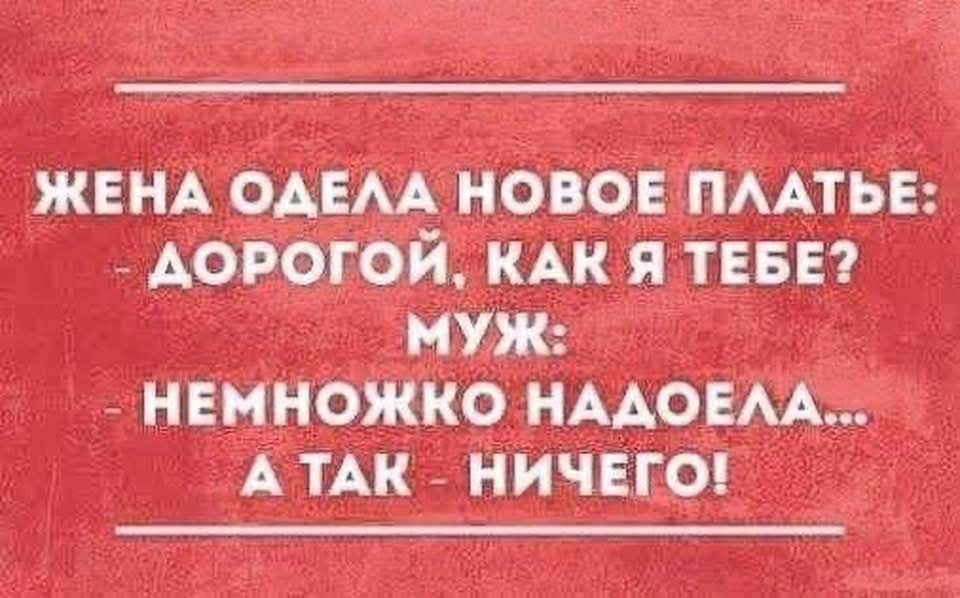 ЖЕНА ОДЕЛА НОВОЕ ПЛАТЬЕ: - ДОРОГОЙ, КАК Я ТЕБЕ? МУЖ: - НЕМНОЖКО НАДОЕЛА... А ТАК - НИЧЕГО!
