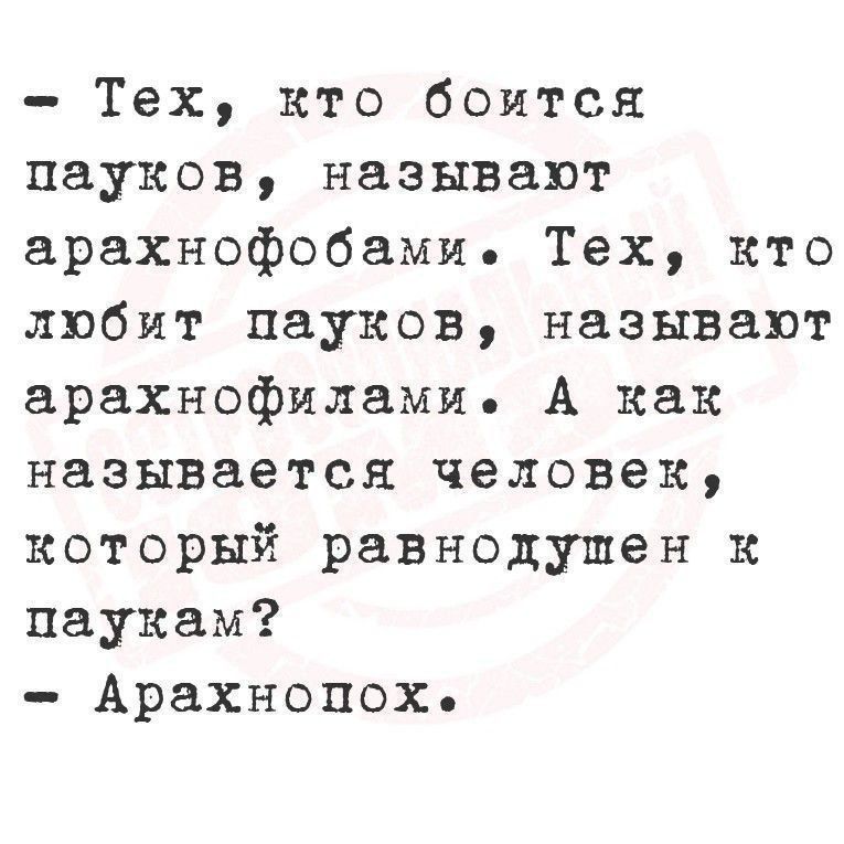- Тех, кто боится пауков, называют арахнофобами. Тех, кто любит пауков, называют арахнофилами. А как называется человек, который равнодушен к паукам?
- Арахнопох.