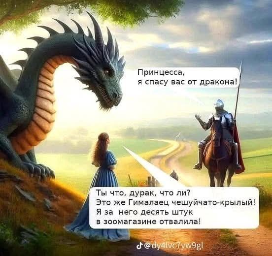 Принцесса, я спасу вас от дракона!
Ты что, дурак, что ли? Это же Гималаец чешуячато-крылый! Я за него десять штук в зоомагазине отвалила!