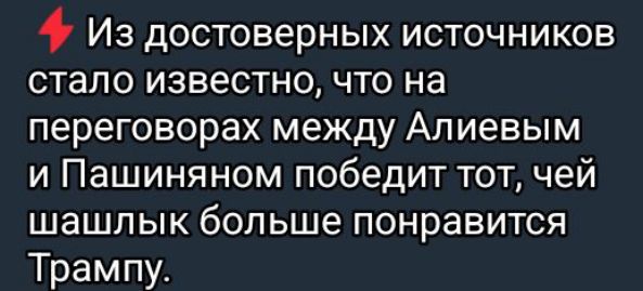 Из достоверных источников стало известно, что на переговорах между Алиевым и Пашиняном победит тот, чей шашлык больше понравится Трампу.