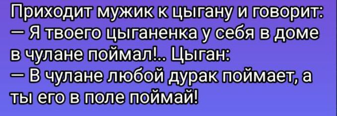 Приходит мужик к цыгану и говорит: — Я твоего цыганенка у себя в доме в чулане поймал!.. Цыган: — В чулане любой дурак поймает, а ты его в поле поймай!