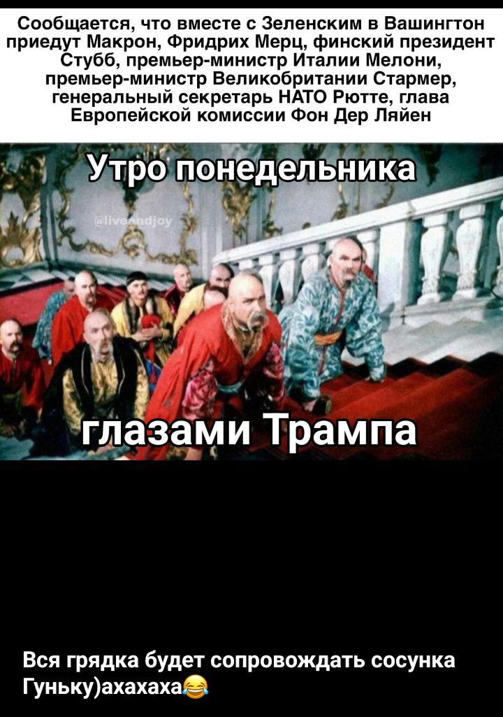 Сообщается, что вместе с Зеленским в Вашингтоне приедут Макрон, Фридрих Мерц, финский президент Стубб, премьер-министр Италии Мелони, премьер-министр Великобритании Стармер, генеральный секретарь НАТО Ротте, глава Европейской комиссии Фон дер Ляйен. Утро понедельника глазами Трампа. Вся грядка будет сопровождать сосунка Гуньку)ахахаха