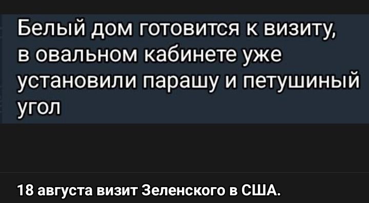Белый дом готовится к визиту, в ovalном кабинете уже установили парашу и петушиный угол
18 августа визит Зеленского в США.