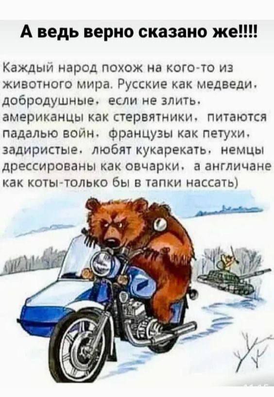 А ведь верно сказано же!!!!

Каждый народ похож на кого-то из животного мира. Русские как медведи, добродушные, если не злить. Американцы как стерволюбы, питаются падалью войны. Французы как петухи, задираются, любят кукарекать. Немцы дрессированы как овчарки. А англичане как коты - только бы в тапки нассать)