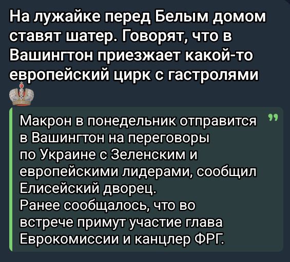 На лужайке перед Белым домом ставят шатр. Говорят, что в Вашингтон приезжает какой-то европейский цирк с гастролями.

Макрон в понедельник отправится в Вашингтон на переговоры по Украине с Зеленским и европейскими лидерами, сообщил Елисейский дворец.
Ранее сообщалось, что во встрече примут участие глава Еврокомиссии и канцлер ФРГ.