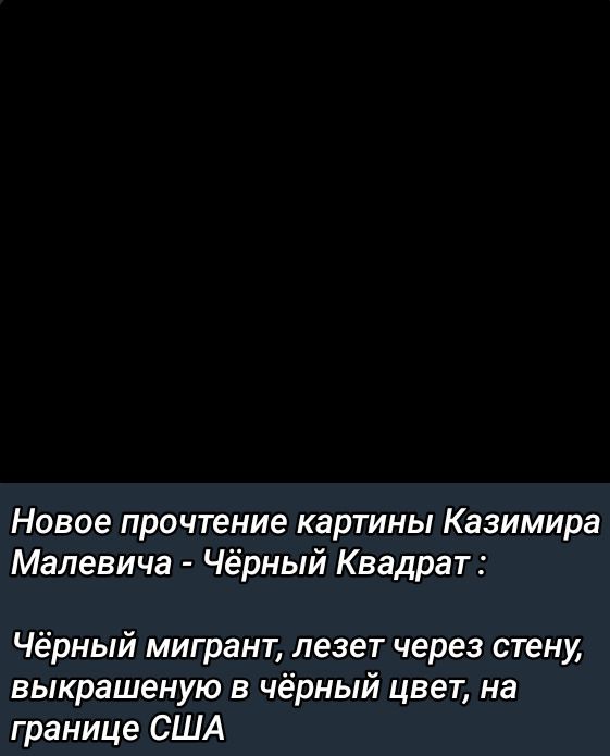 Новое прочтение картины Казимира Малевича - Чёрный Квадрат :
Чёрный мигрант, лезет через стену, выкрашенную в чёрный цвет, на границе США