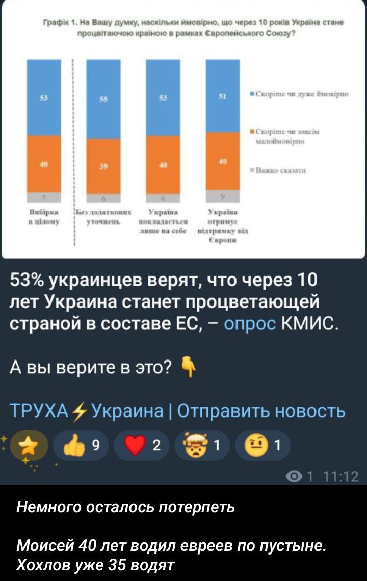 53% украинцев верят, что через 10 лет Украина станет процветающей страной в составе ЕС, – опрос КМИС. А вы верите в это? Немного осталось потерпеть. Моисей 40 лет водил евреев по пустыне. Хохлов уже 35 водят.