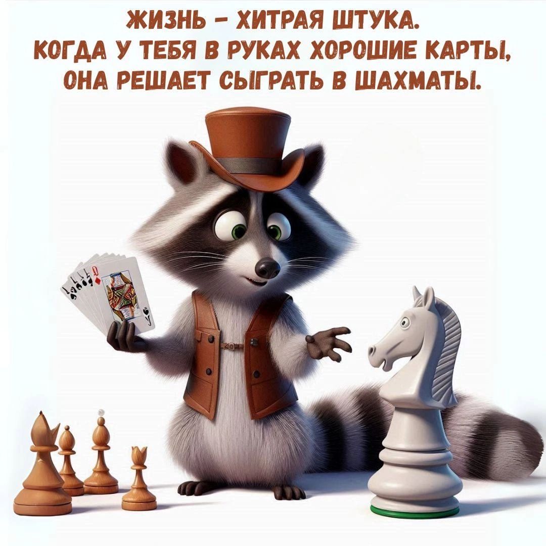 ЖИЗНЬ – ХИТРАЯ ШТУКА. 
КОДА У ТЕБЯ В РУКАХ ХОРОШИЕ КАРТЫ, 
ОНА РЕШАЕТ СЫГРАТЬ В ШАХМАТЫ.