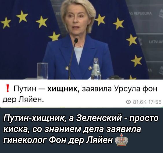 ‼ Путин — хищник, заявила Урсула фон дер Ляйен.
Путин-хищник, а Зеленский - просто киска, со знанием дела заявила гинеколог Фон дер Ляйен.
