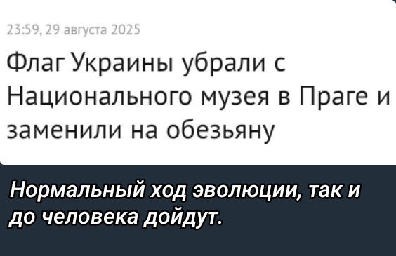 Флаг Украины убрали с Национального музея в Праге и заменили на обезьяну
Нормальный ход эволюции, так и до человека дойдут.
