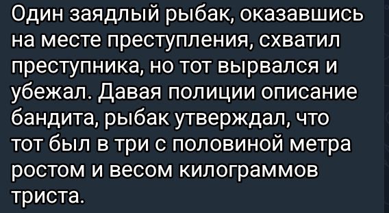 Один заядлый рыбак, оказавшись на месте преступления, схватил преступника, но тот вырвался и убежал. Давая полиции описание бандита, рыбак утверждал, что тот был в три с половиной метра ростом и весом килограммов триста.