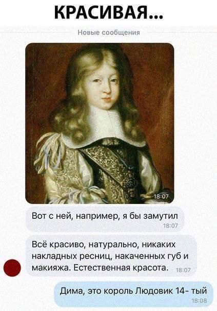 КРАСИВАЯ... Вот с ней, например, я бы заметил. Всё красиво, натурально, никаких накладных ресниц, накаченных губ и макияжа. Естественная красота. Дима, это король Людовик 14-тый