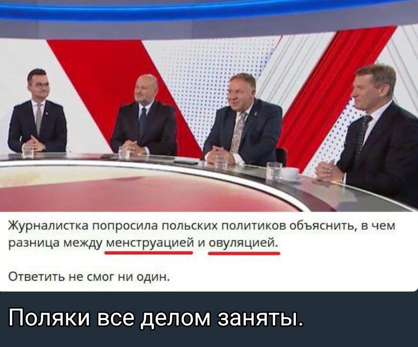 Журналистка попросила польских политиков объяснить, в чем разница между менструацией и овуляцией. Ответить не смог ни один.

Поляки все делом заняты.