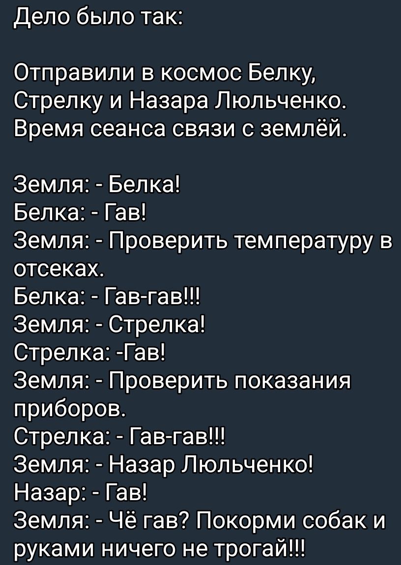 Дело было так:

Отправили в космос Белку, Стрелку и Назарa Льюльченко. Время сеанса связи с землёй.

Земля: - Белка!
Белка: - Гав!
Земля: - Проверить температуру в отсеках.
Белка: - Гав-гав!!!
Земля: - Стрелка!
Стрелка: -Гав!
Земля: - Проверить показания приборов.
Стрелка: - Гав-гав!!!
Земля: - Назар Льюльченко!
Назар: - Гав!
Земля: - Чей гав? Покормим собак и руками ничего не трогай!!!