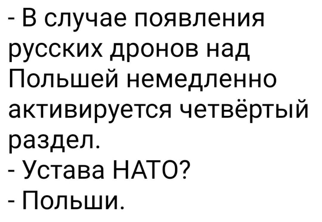 - В случае появления русских дронов над Польшей немедленно активируется четвёртый раздел.
- Устава НАТО?
- Польши.