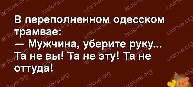В переполненном одесском трамвае: — Мужчина, уберите руку... Та не вы! Та не эту! Та не оттуда!