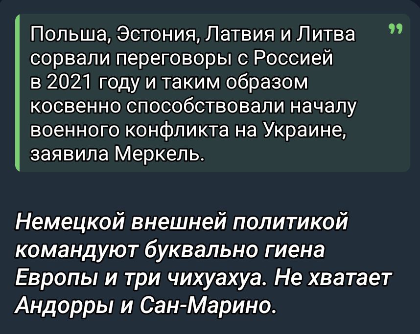 Польша, Эстония, Латвия и Литва сорвали переговоры с Россией в 2021 году и таким образом косвенно способствовали началу военного конфликта на Украине, заявила Меркель.

Немецкой внешней политикой командуют буквально гены Европы и три чихуахуа. Не хватает Андорры и Сан-Марино.