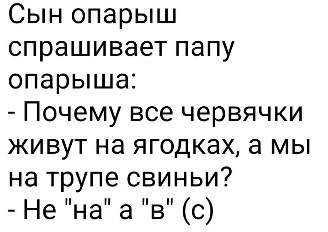 Сын опарыш спрашивает папу опарыша:\n- Почему все червячки живут на ягодках, а мы на трупе свиньи?\n- Не 