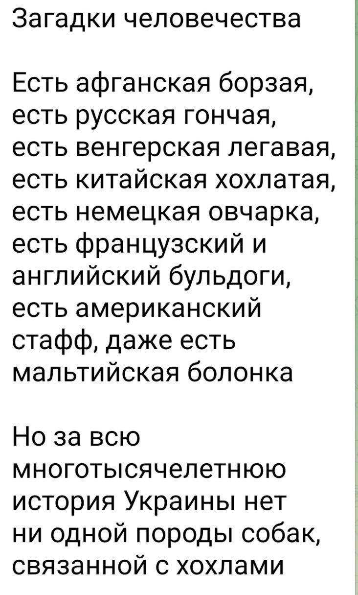Загадки человечества

Есть афганская борзая,
есть русская гончая,
есть венгерская легавая,
есть китайская хохлатая,
есть немецкая овчарка,
есть французский и
английский бульдоги,
есть американский стафф,
даже есть
мальтийская болонка

Но за всю
многотысячелетнюю
история Украины нет
ни одной породы собак,
связной с хохлами