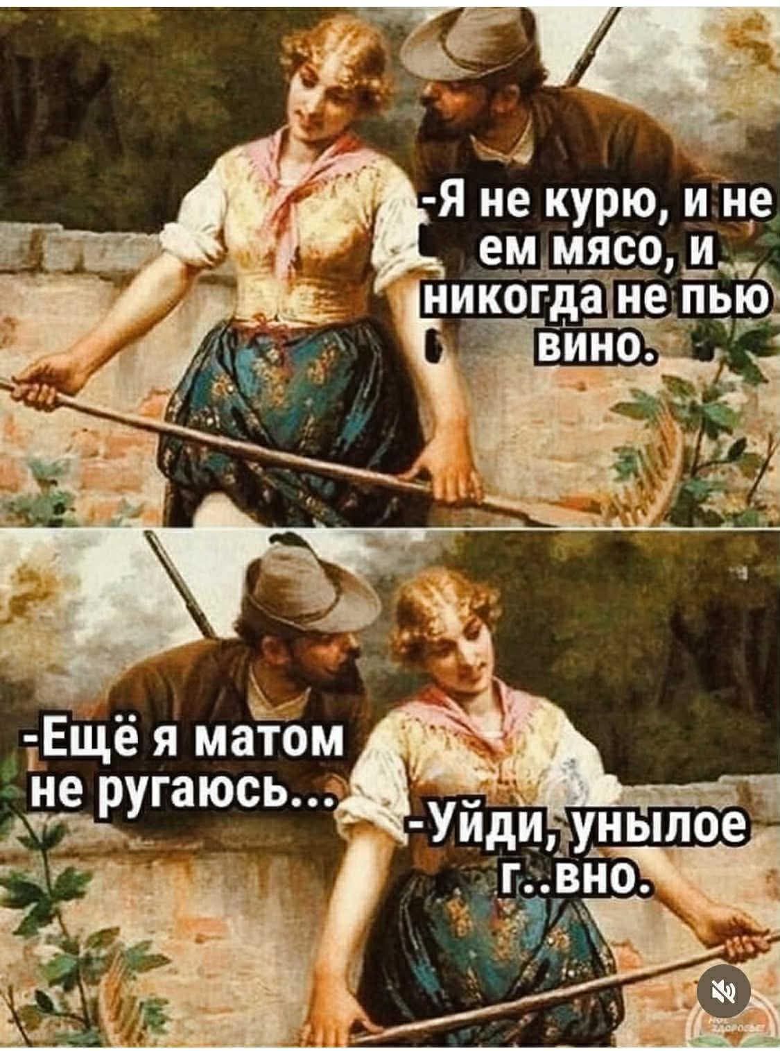 -Я не курю, и не ем мясо, и никогда не пью вино.
-Ещё я матом не ругаюсь...
-Уйди, унылое г...вно.