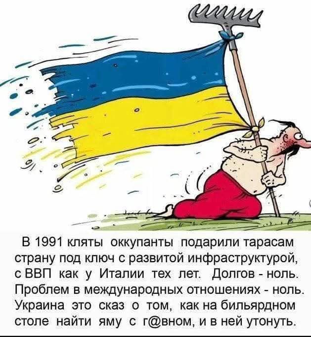 В 1991 клятые оккупанты подарили тарасам страну под ключ с развитой инфраструктурой, с ВВП как у Италии тех лет. Долгов - ноль. Проблем в международных отношениях - ноль. Украина это сказ о том, как на бильярдном столе найти яму с говном, и в ней утонуть.