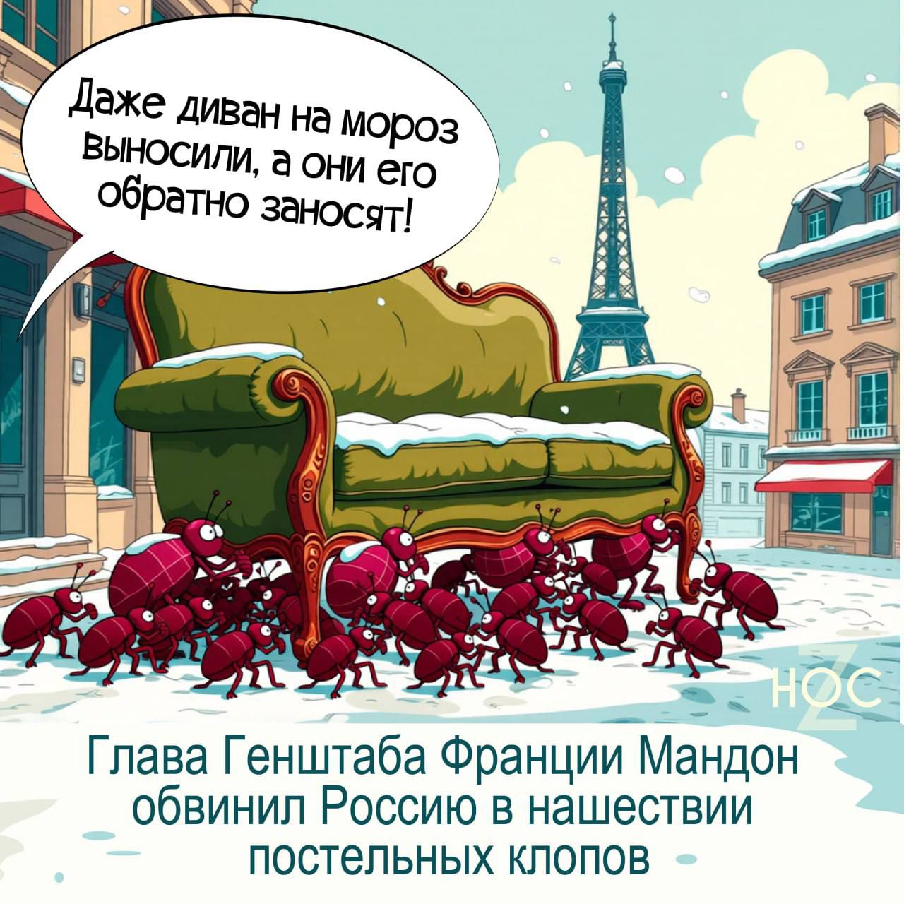 Даже диван на мороз выносили, а они его обратно заносят! Глава Генштаба Франции Мандон обвинил Россию в нашестве постельных клопов