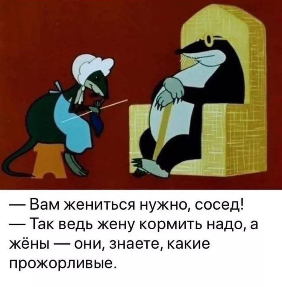— Вам жениться нужно, сосед! — Так ведь жену кормить надо, а жёны — они, знаете, какие прожорливые.