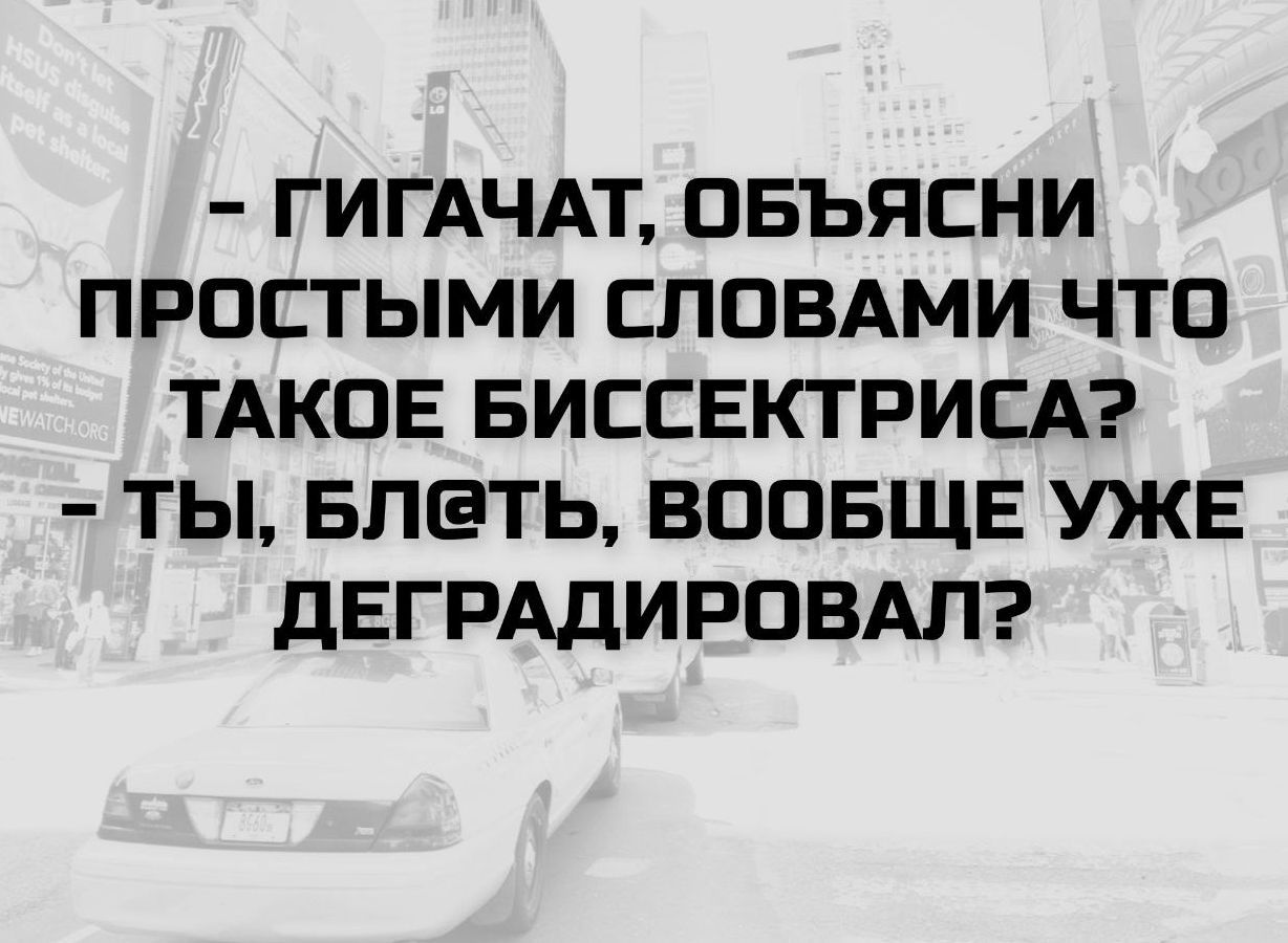 - ГИГАЧАТ, ОБЪЯСНИ ПРОСТЫМИ СЛОВАМИ ЧТО ТАКОЕ БИСЕКЭКРИСТА?
- ТЫ, БЛЯТЬ, ВООБЩЕ УЖЕ ДЕГРАДИРОВАЛ?