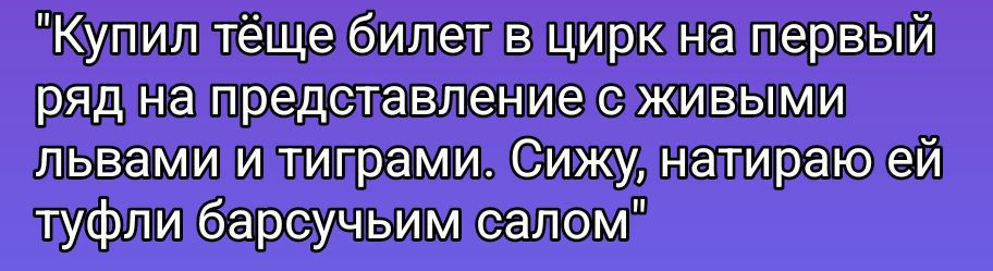 Купил тёще билет в цирк на первый ряд на представление с живыми львами и тиграми. Сижу, натираю ей туфли барсучьим салом