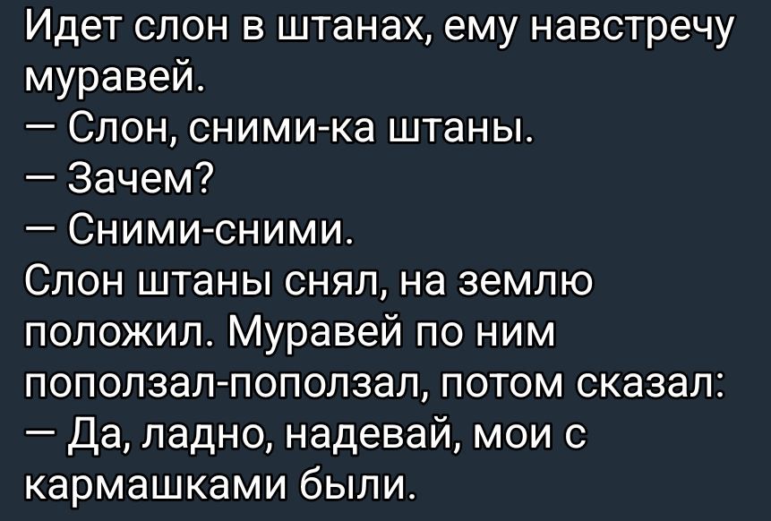 Идет слон в штаны, ему навстречу муравей. — Слон, сними-ка штаны. — Зачем? — Сними-сними. Слон штаны снял, на землю положил. Муравей по ним поползал-поползал, потом сказал: — Да, ладно, надевай, мои с кармашками были.