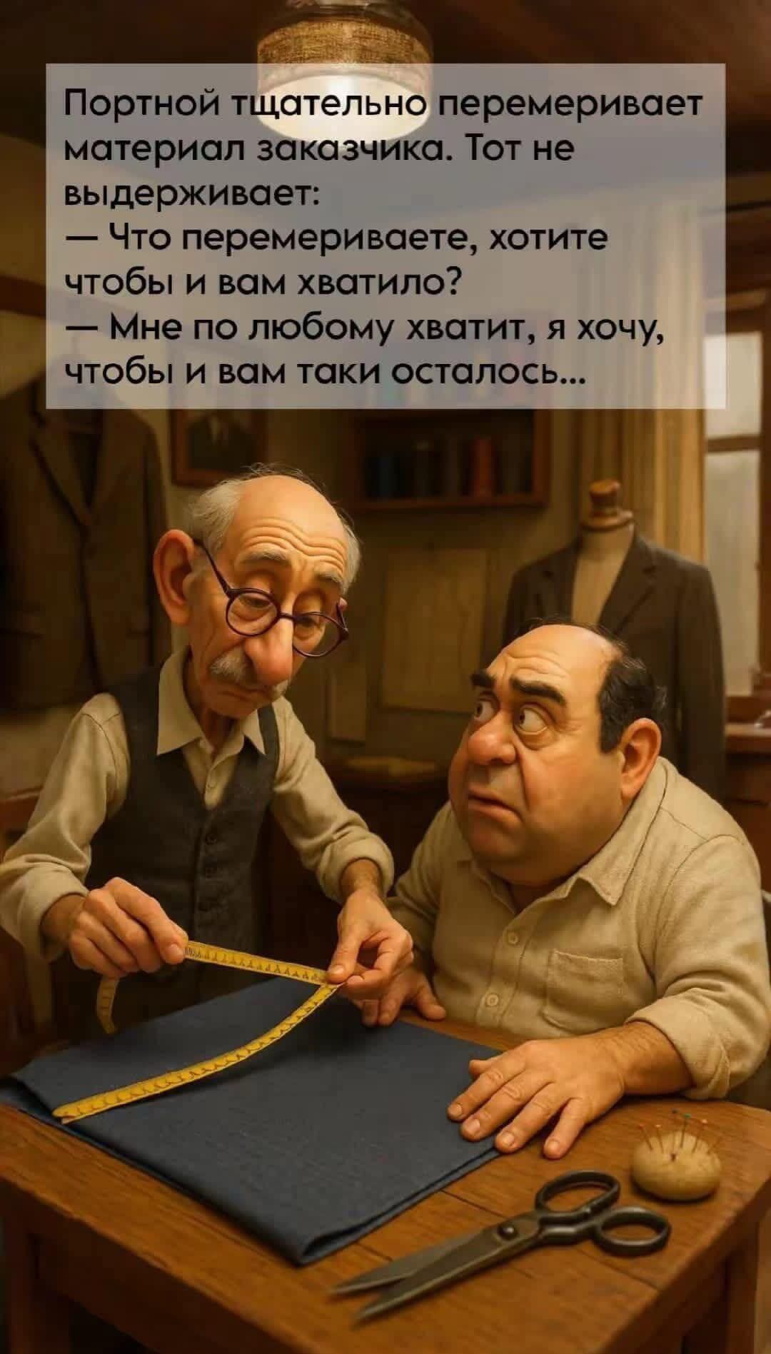 Портной тщательно перемеривает материал заказчика. Тот не выдерживает: — Что перемериваете, хотите чтобы и вам хватило? — Мне по любому хватит, я хочу, чтобы и вам таки осталось...