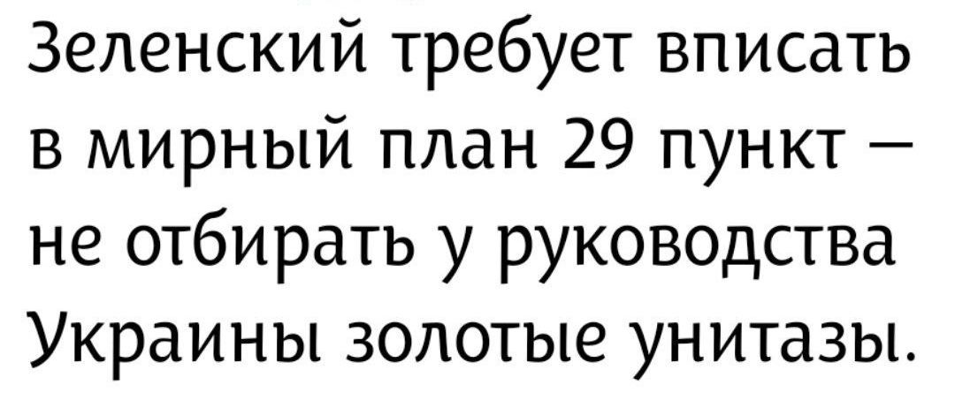 Зеленский требует вписать в мирный план 29 пункт – не отбирать у руководства Украины золотые унитазы.