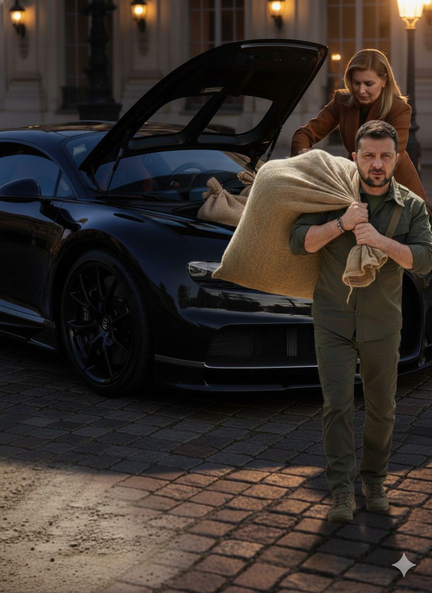 Мужчина выносит мешок из багажника черного спорткара, женщина помогает.