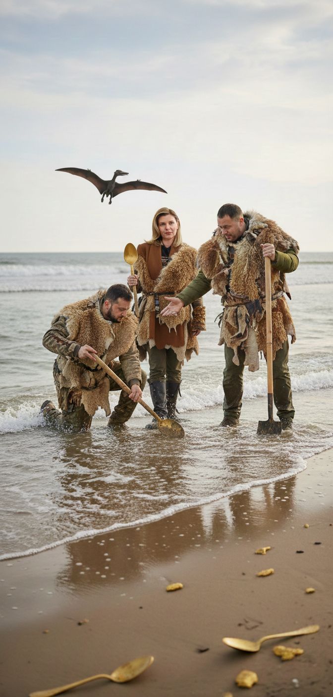 На пляже три человека в меховых костюмах копают песок, над ними кружит птица.
