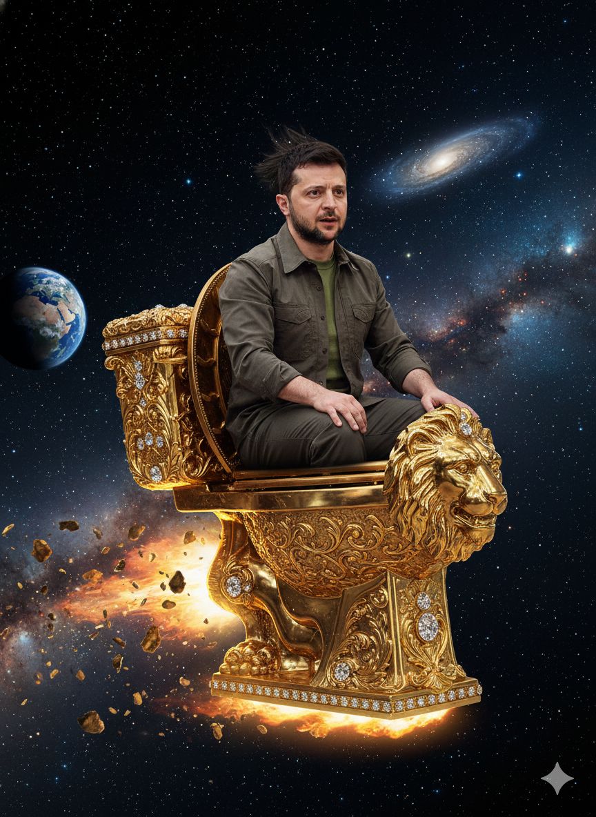 Мужчина сидит на золотом королевском троне в космическом пространстве рядом с планетами