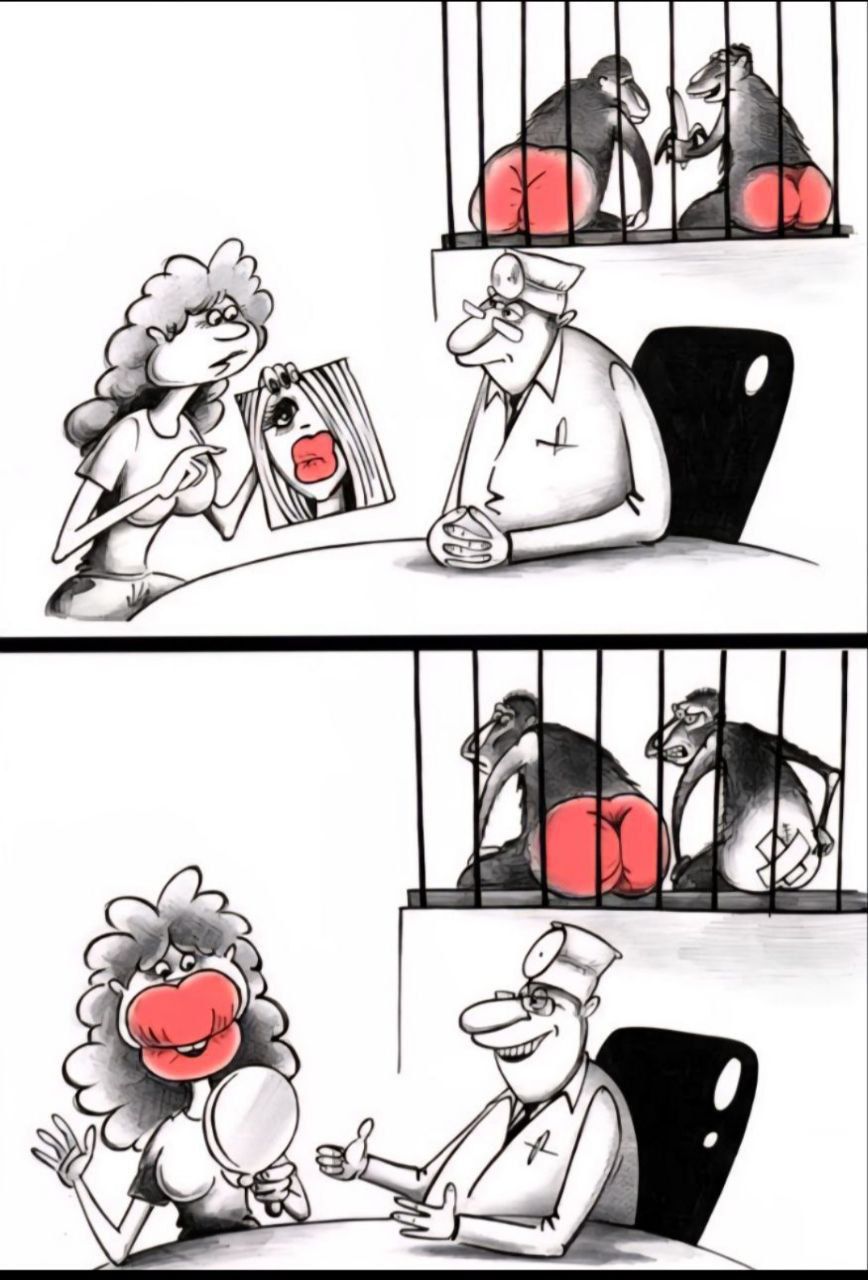 Карикатура: доктор и пациент обсуждают рисунок; за решетками обезьяны с ярко красными задницами
