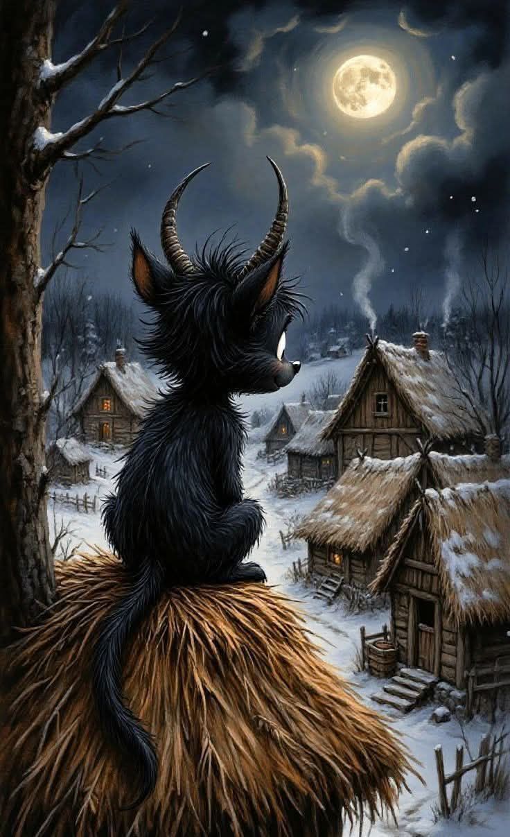 Черная лохматая сущность с рогами сидит на соломе над снежной деревней под полной луной.