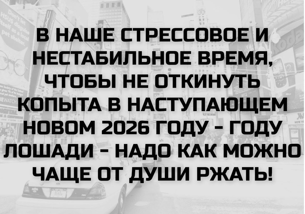 В наше стрессовое и нестабильное время, чтобы не откнуть копыта в наступающем новом 2026 году - году лошади - надо как можно чаще от души ржать!