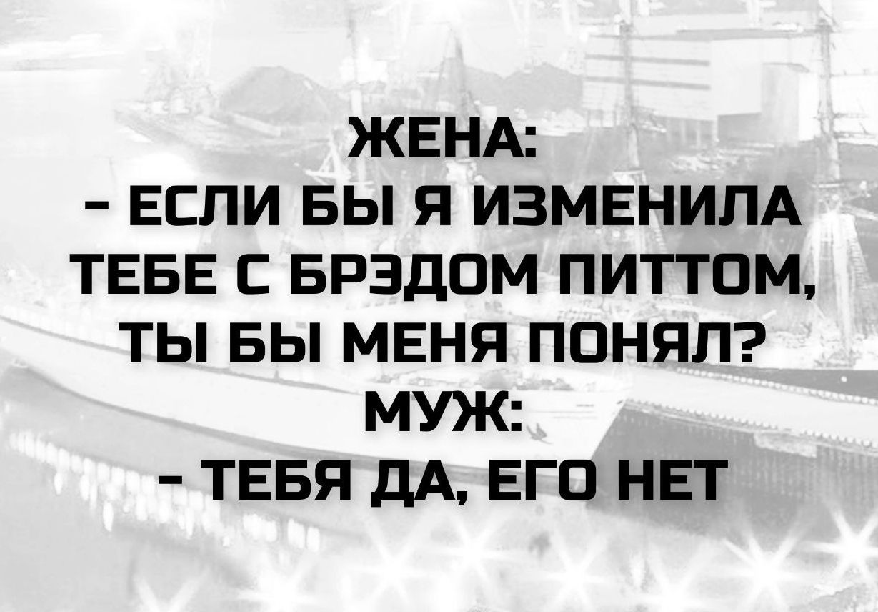 ЖЕНА: - ЕСЛИ БЫ Я ИЗМЕНИЛА ТЕБЕ С БРЭДОМ ПИТТОМ, ТЫ БЫ МЕНЯ ПОНЯЛ? МУЖ: - ТЕБЯ ДА, ЕГО НЕТ